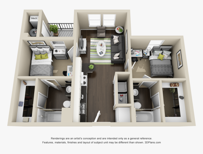 A 3d Model Of The Avery Cypress A Unit - Floor Plan, HD Png Download