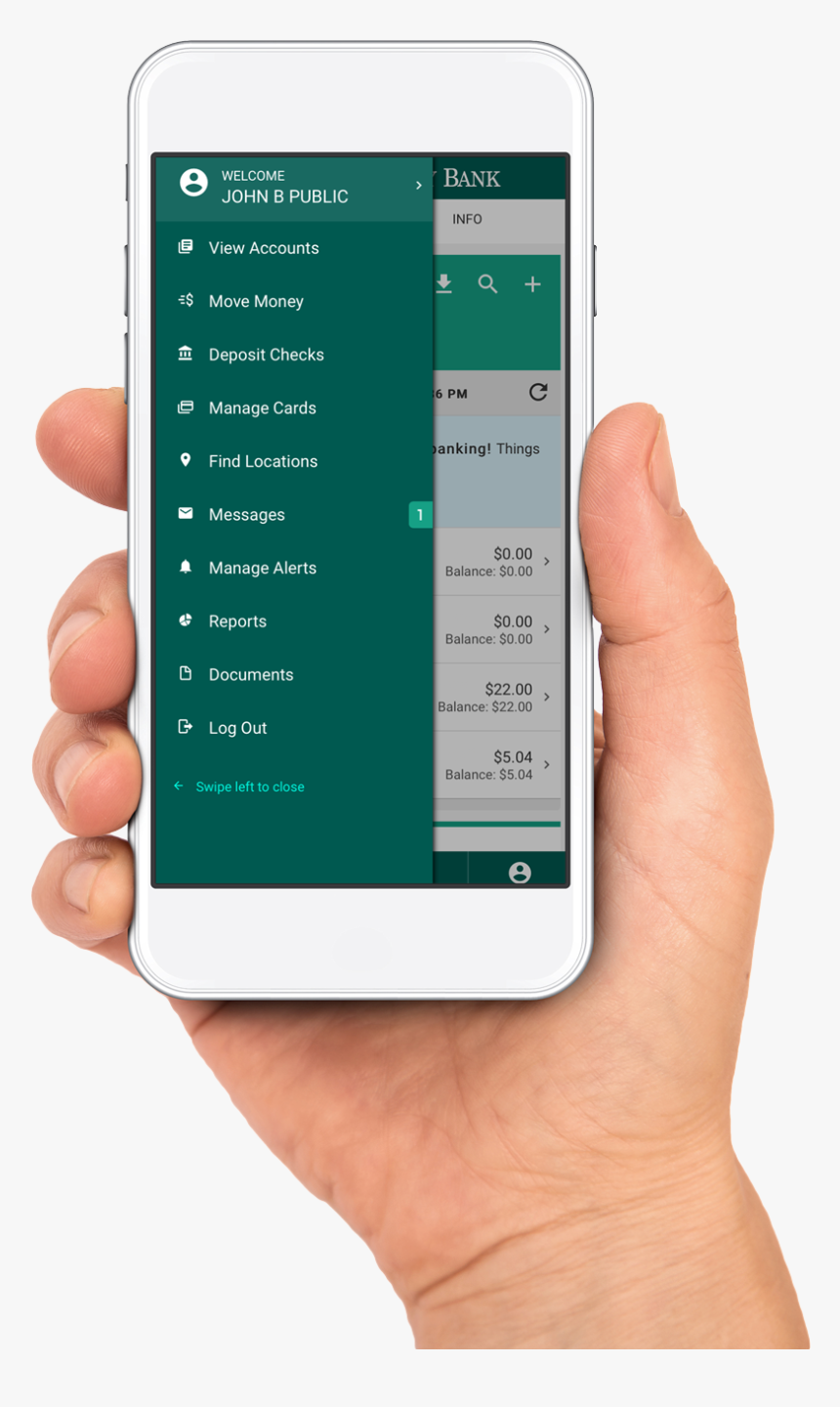Hand Holding Phone Showing Main Menu Of Ucb Digital - Via Mobile Deposit, HD Png Download