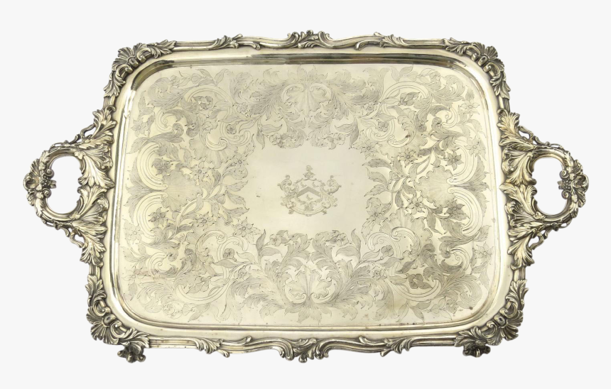 Antique Silver Plate Serving Tray With Armorial Crest - Platter, HD Png Download