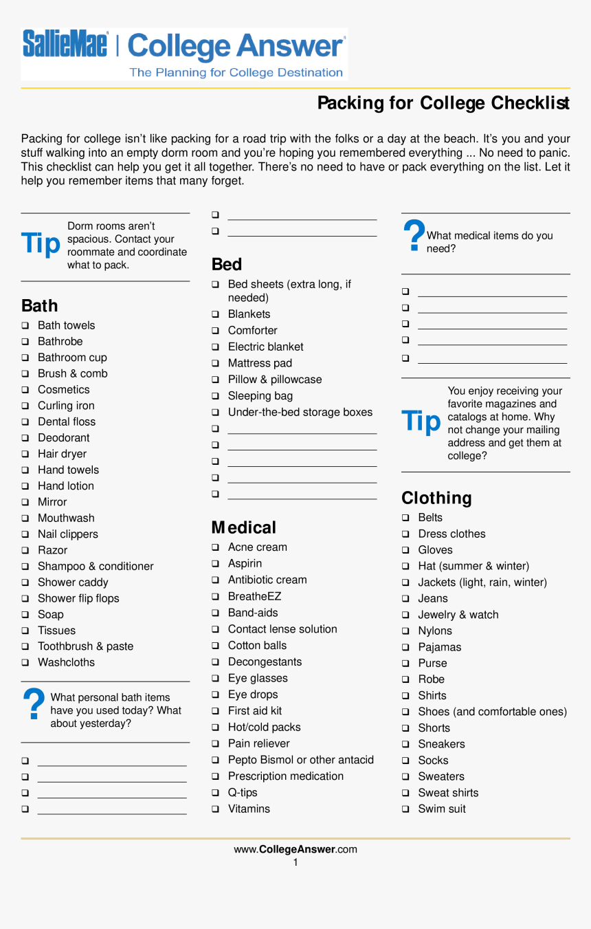 College Packing Checklist - College Answer Packing List, HD Png Download