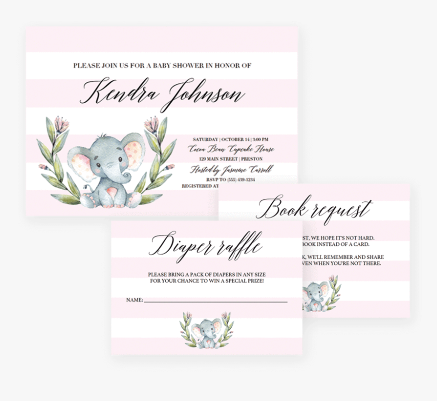 Pink And White Striped Baby Shower Invitation Templates - Elephant Baby Shower Invitation Templates Free, HD Png Download