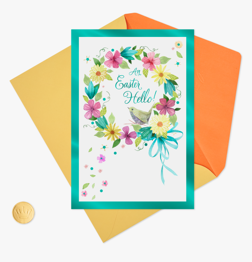 Bird And Spring Floral Wreath Easter Card - Greeting Card, HD Png Download