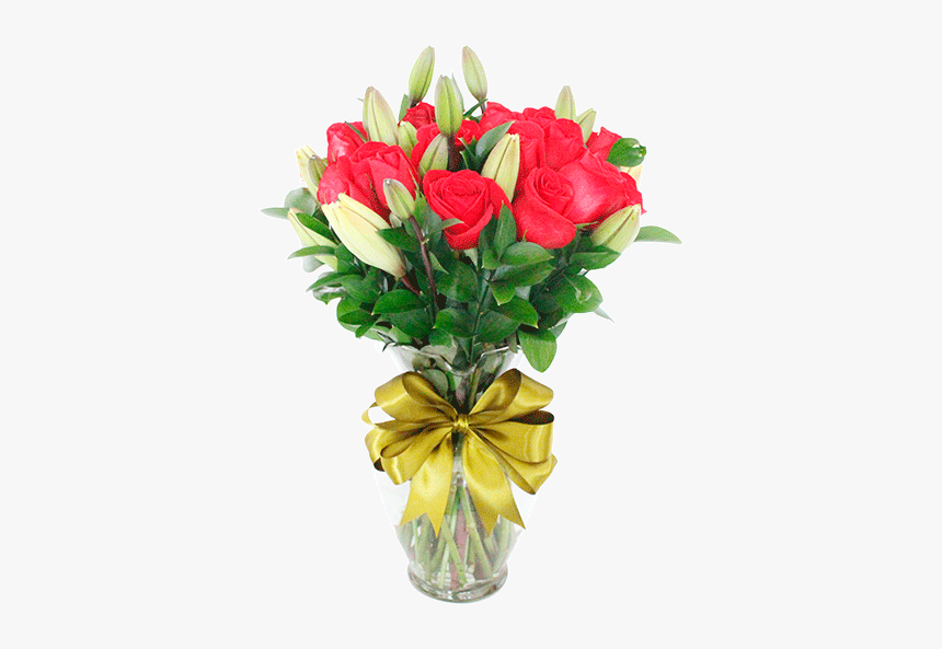 Florero Con 12 Rosas Rojas Y Lilis Blancas - Bouquet, HD Png Download