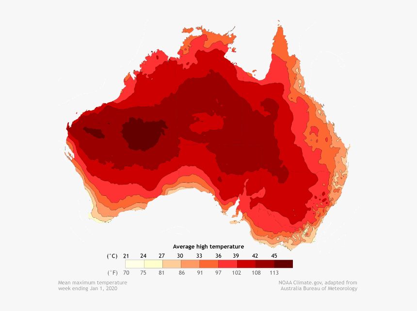 Map Of Australia Showing Average Daytime High Temperatures - Map Of Australia Fires 2020, HD Png Download