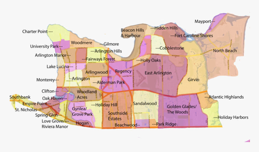 Map Of Neighborhoods Within The Arlington Area Of Jacksonville, - Atlas, HD Png Download
