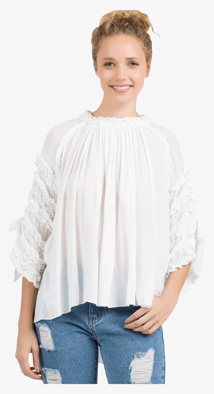 Women S High Low Gauze Top W/ruffle High Neck & Sleeve - Blouse, HD Png Download