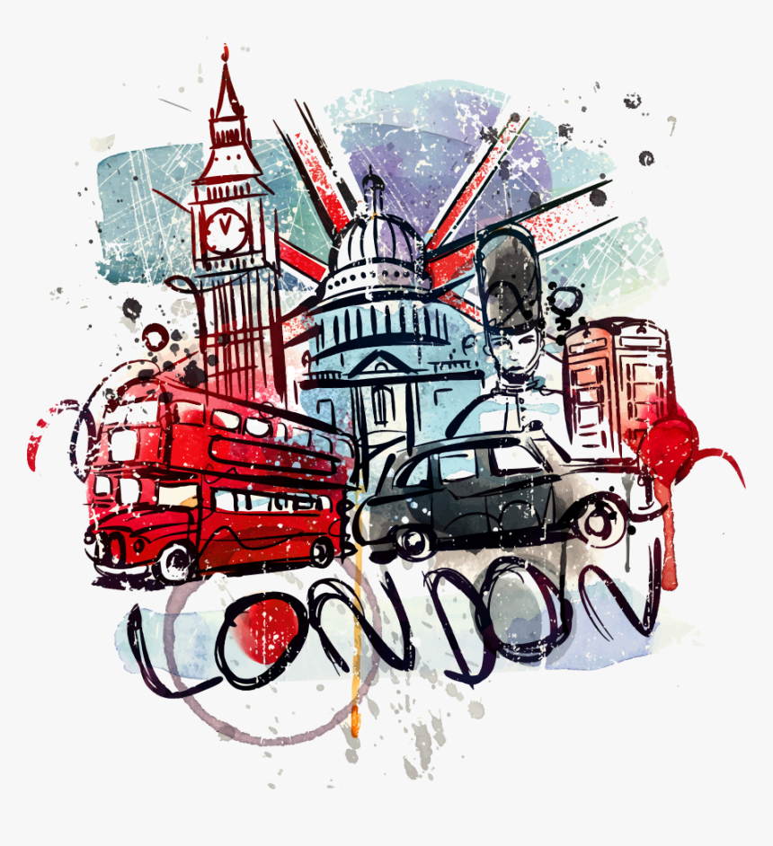 Ben Wall Big Illustration Watercolor Decal Vector Clipart - Cartoon Big Ben Drawing, HD Png Download