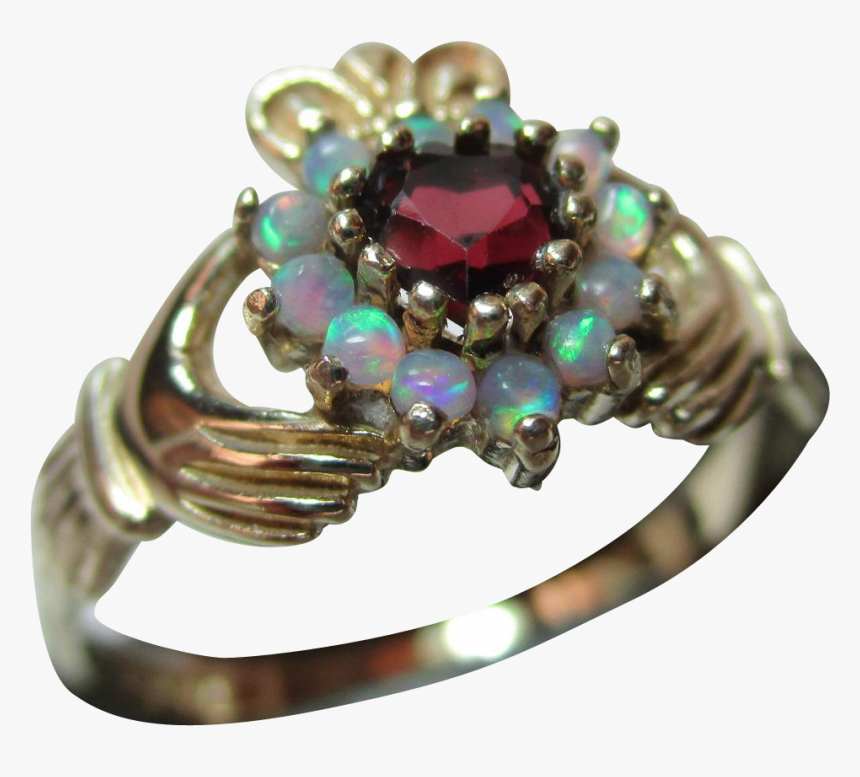 Pretty Vintage 9ct Solid Gold Opal Garnet Heart Shaped - Claddagh With Garnet And Opal, HD Png Download