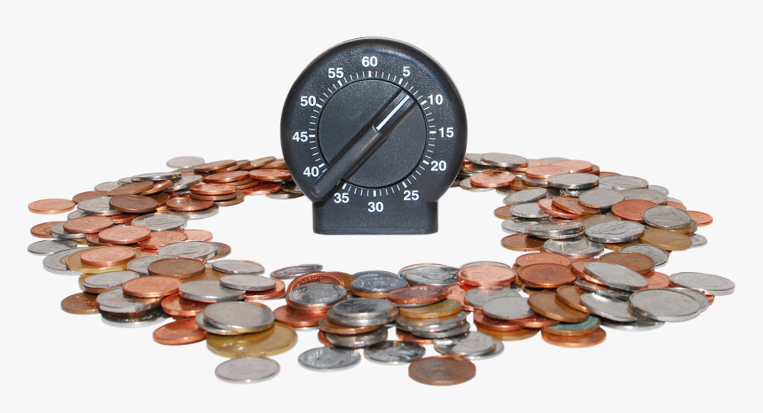 A Splash Of Coins Surrounding A Timer To Designate - Money, HD Png Download