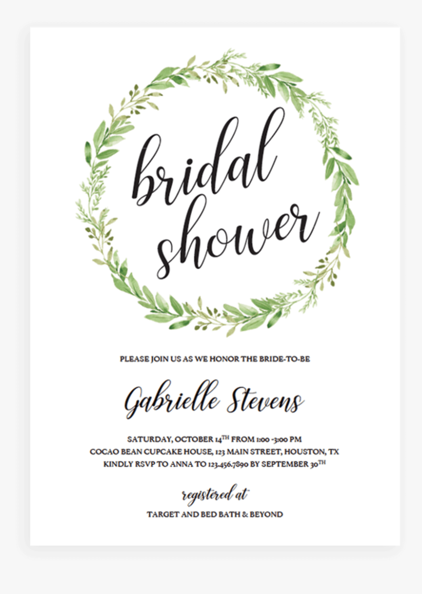 Green Wreath Bridal Shower Invitation Template - Calligraphy, HD Png Download