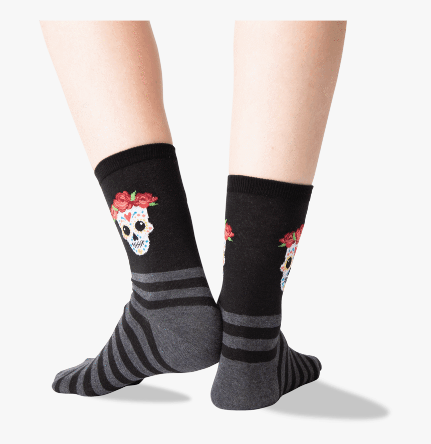 Women S Sugar Skull Crew Socks In Black Front 
 Class - Hockey Sock, HD Png Download