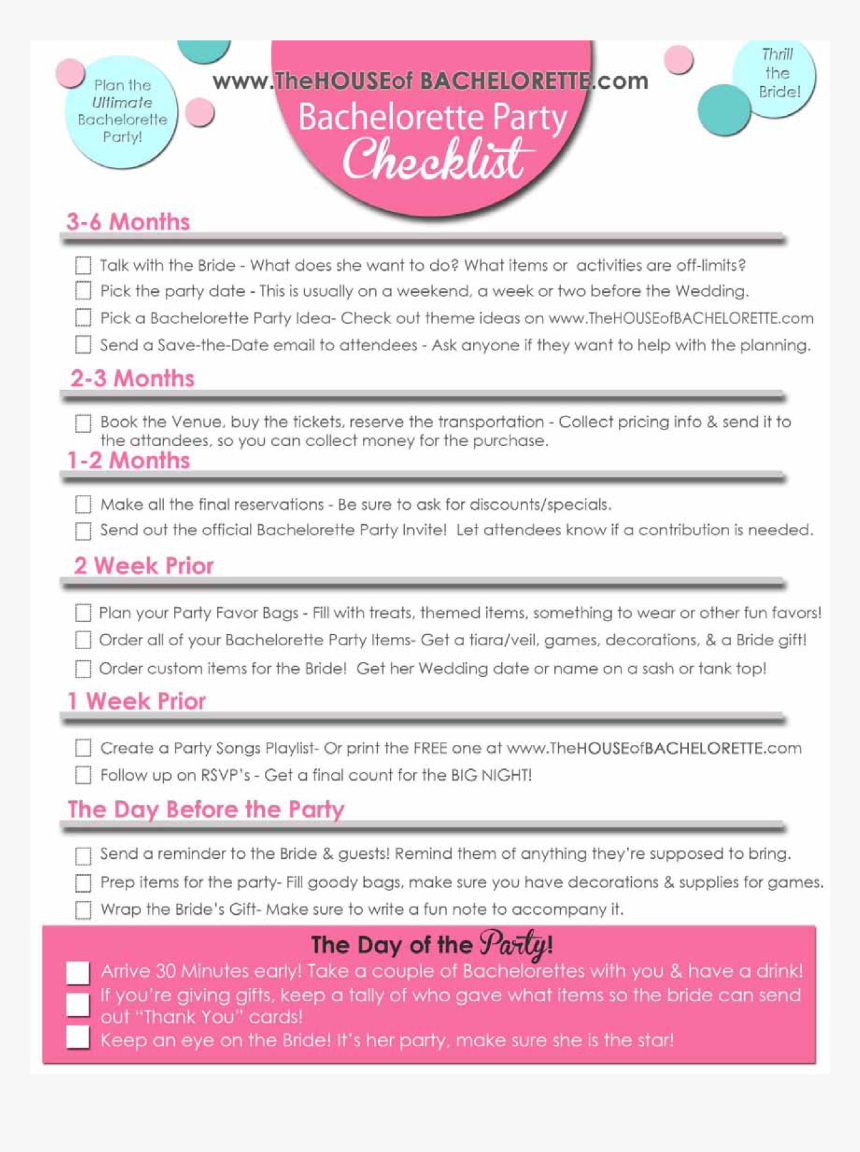 Bachelorette Party Checklist Main Image - Bachelorette Planning Template Excel, HD Png Download