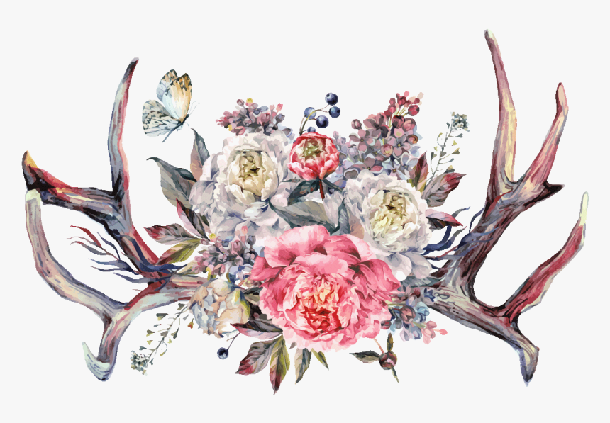 Antlers With Flowers Boho, HD Png Download