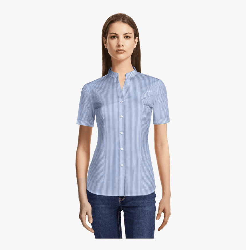 Navy Blue Micropattern Short Sleeved Banded Collar - Camisa De Mujer Cuello Mao, HD Png Download