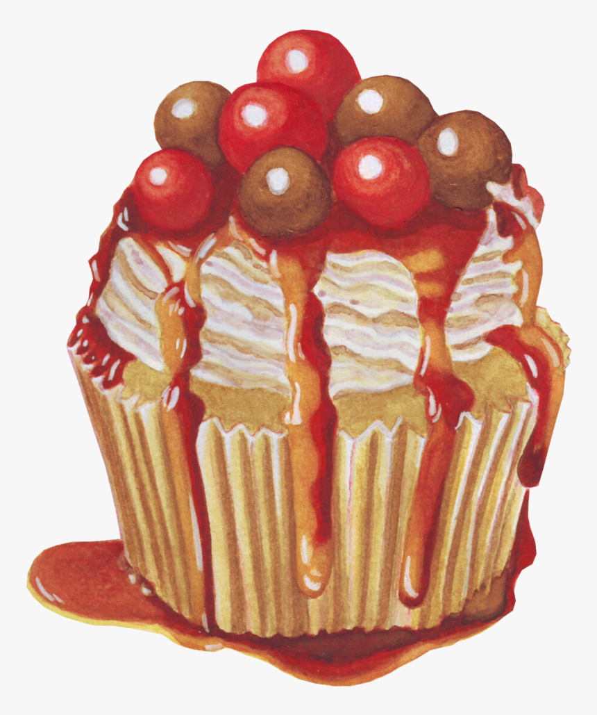 Cupcake With Caramel And Cherry Sauce - Cupcake, HD Png Download