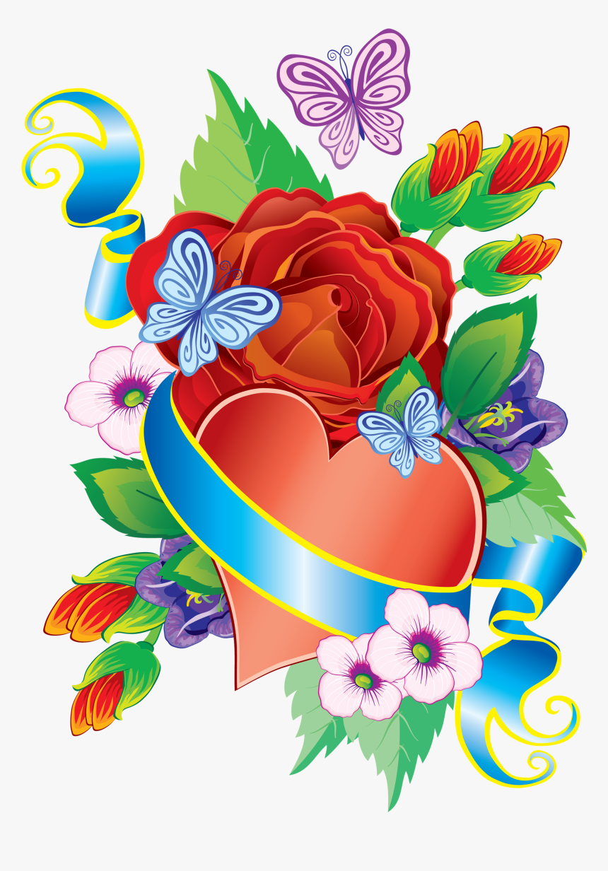 Heart And Flowers Png Decorative Element - Decorative Flowers And Hearts, Transparent Png