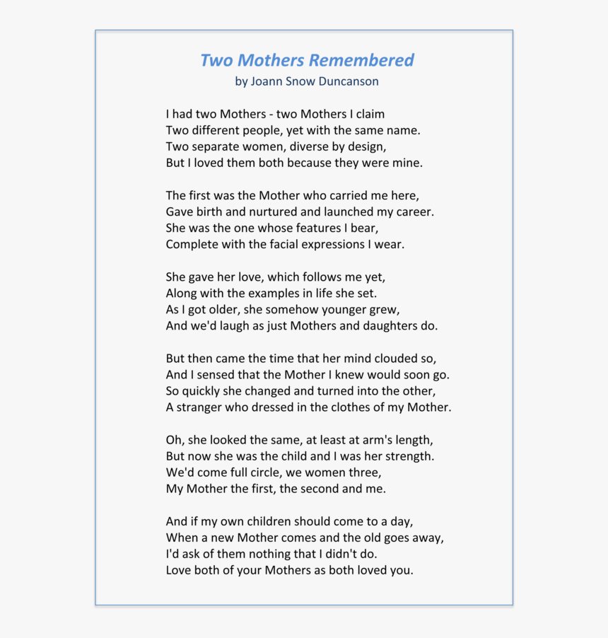Two Mothers Poem, HD Png Download