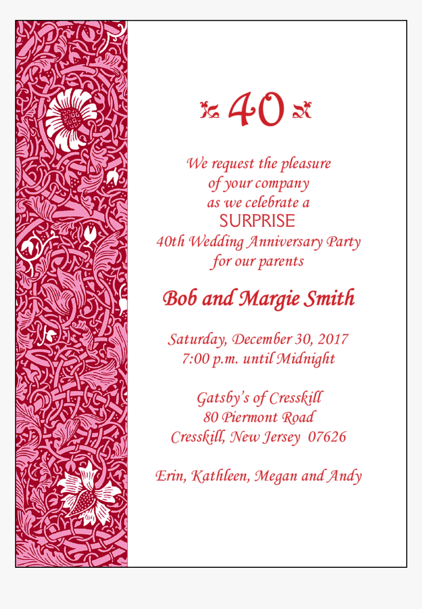 40th Wedding Anniversary Party Invitation - Invitation For 40th Wedding Anniversary, HD Png Download
