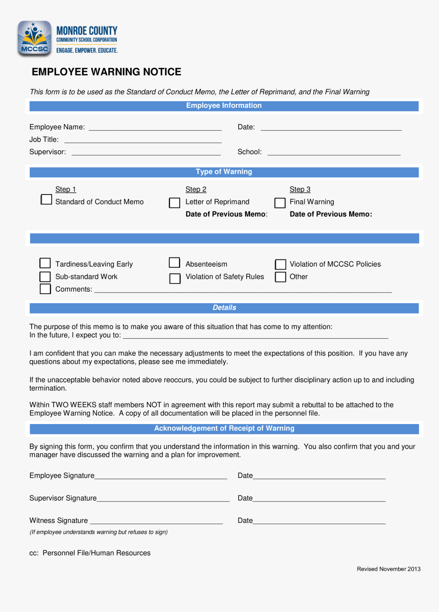 Warning Notice Com - Reprimand Form, HD Png Download