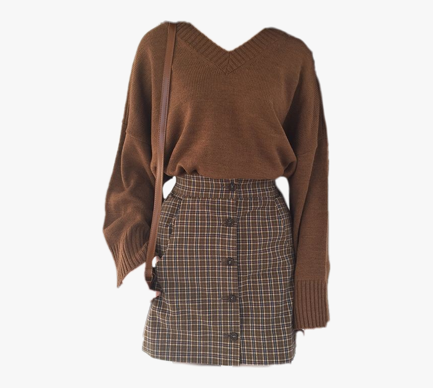 #autumn #outfit #ootd #plaidskirt #sweater #brown #vintage - A-line, HD Png Download