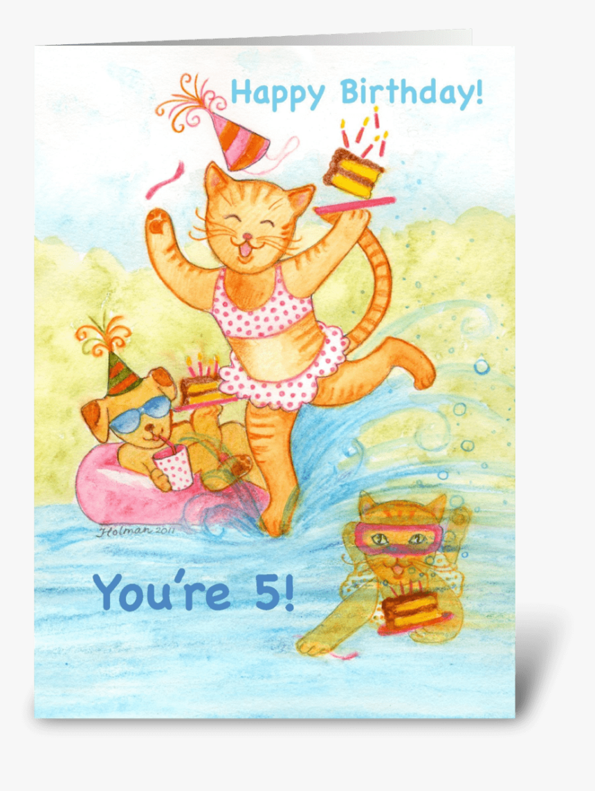 Cat In Pool Five Year Old Birthday Greeting Card - Cartoon, HD Png Download