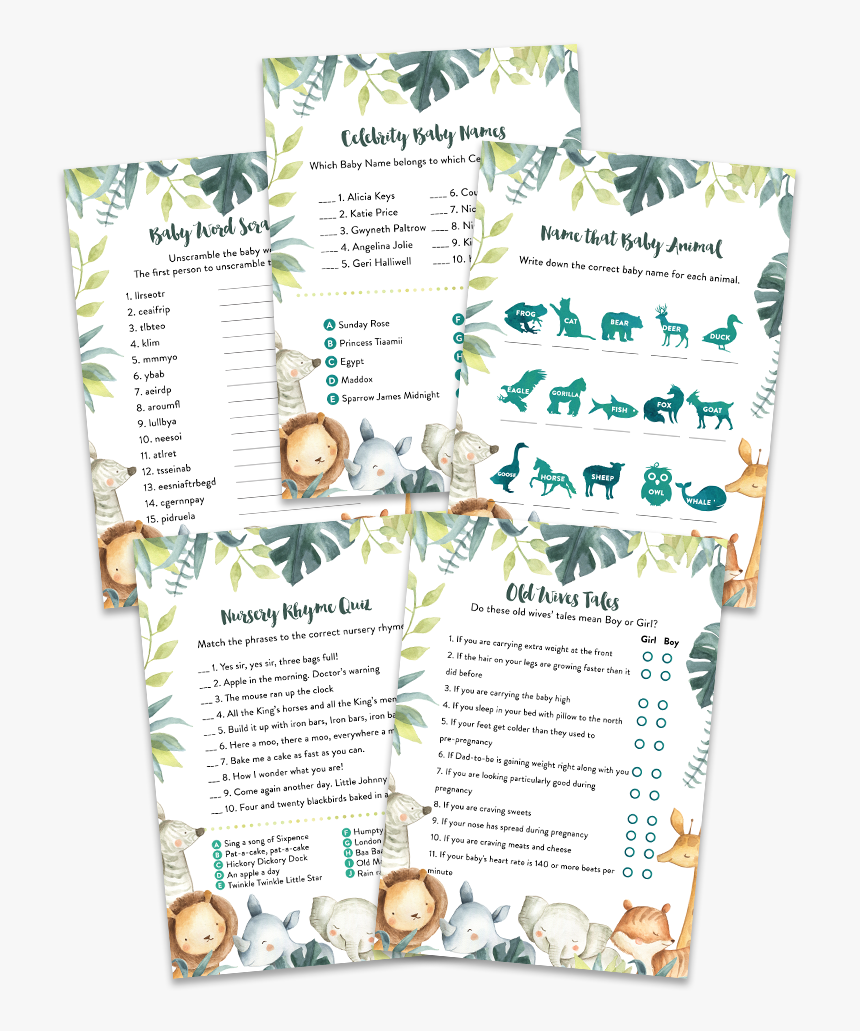 Safari Animals Baby Shower Game Pack - Paper, HD Png Download