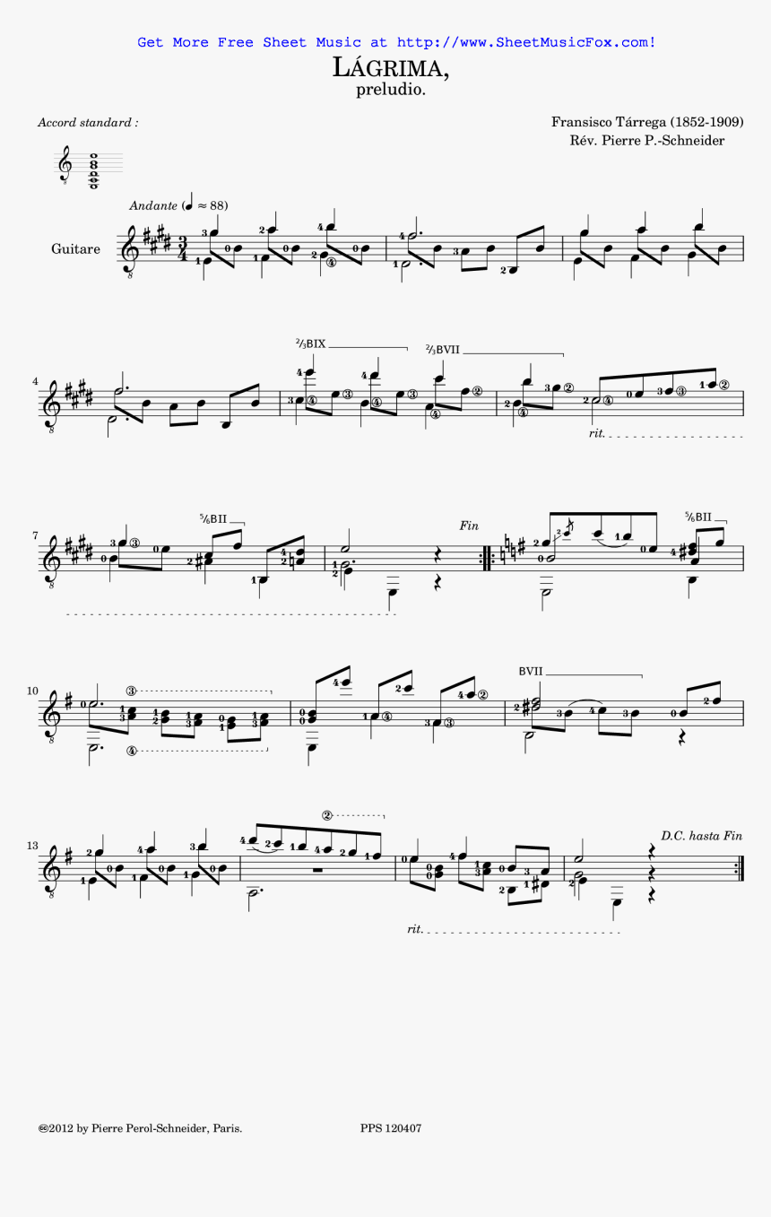 Lágrima Sheet Music - Sheet Music, HD Png Download