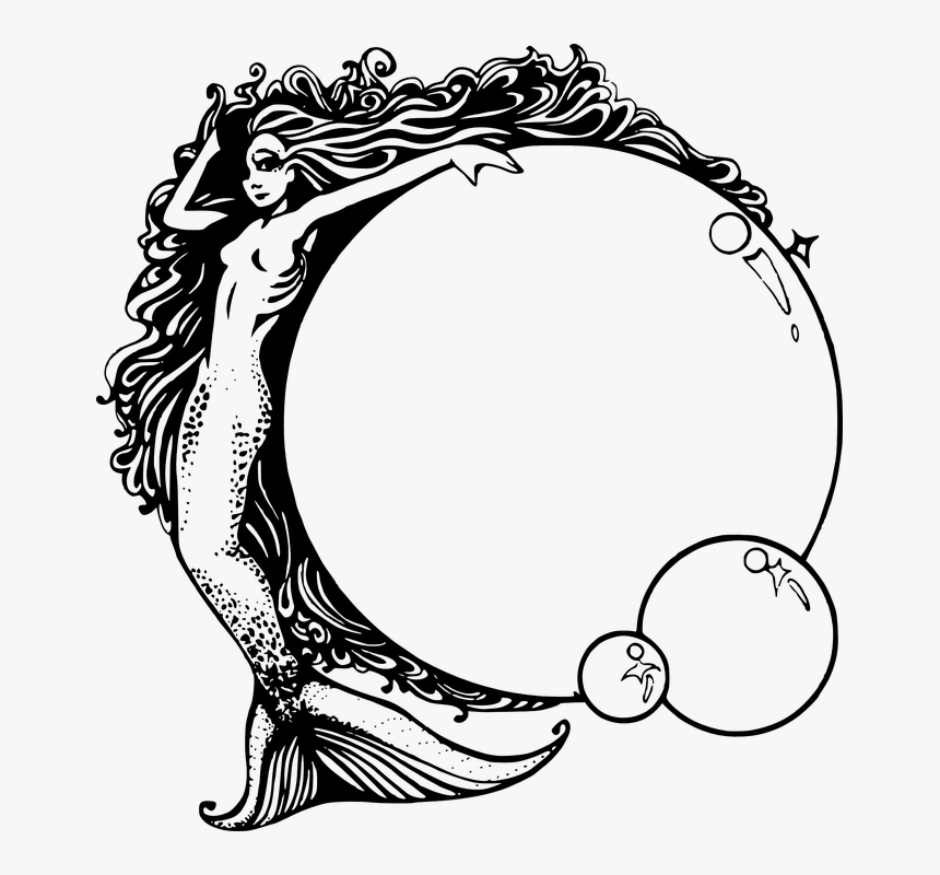 Sirena, Burbujas, Sexy, Dibujos Animados, Mar, El Agua - Art Nouveau Black And White, HD Png Download