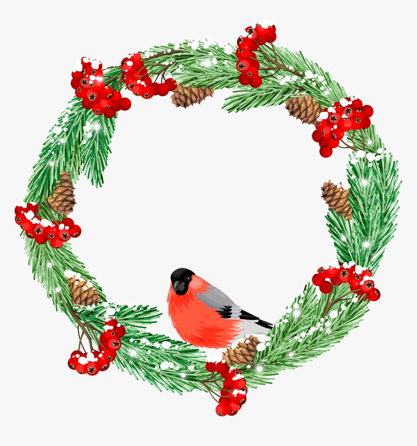 Green Winter Wreath With Bird Png Clip Art Image - Flower Pic Winter Transparent, Png Download