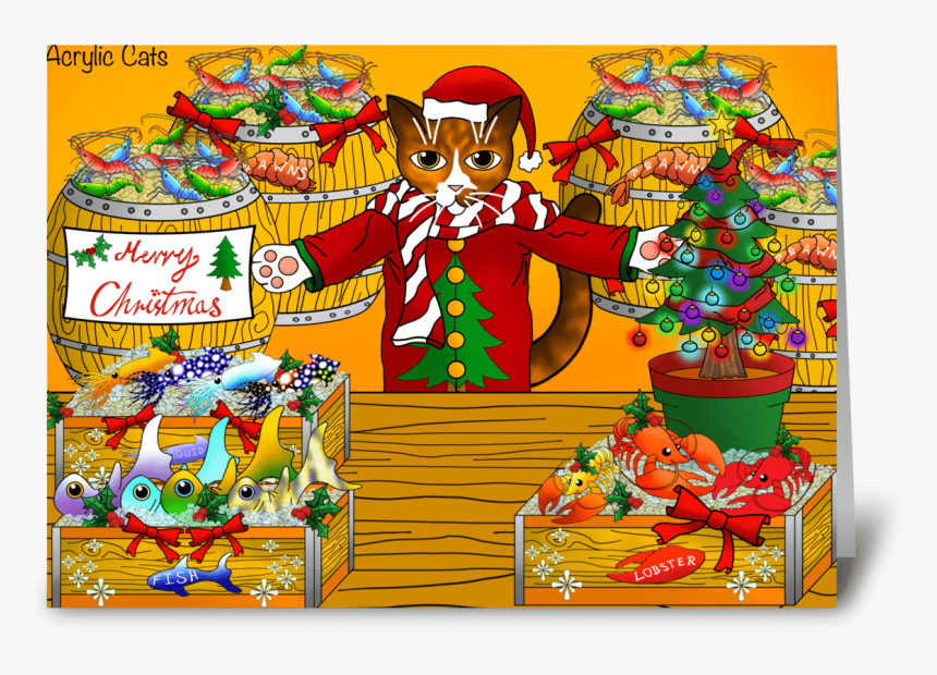 Christmas Fish Market Stall Cat Greeting Card - Cartoon, HD Png Download