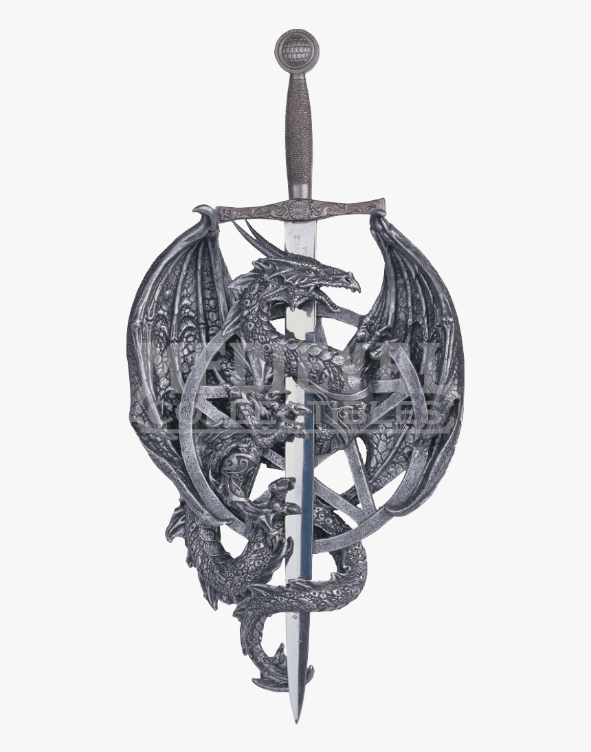 Silver Dragon With Sword Wall Plaque - Illustration, HD Png Download
