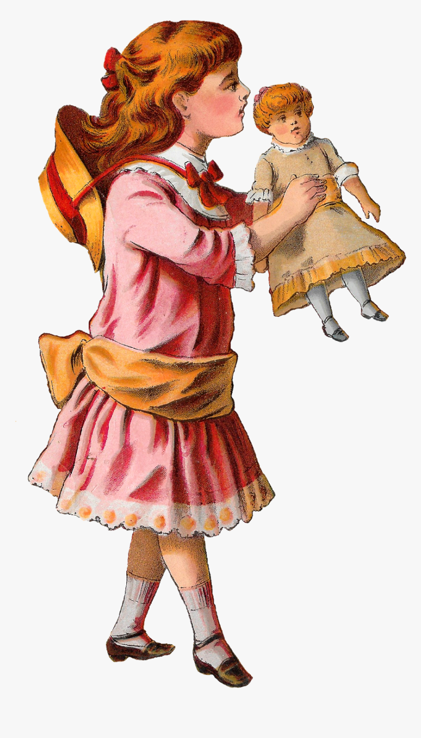 Girl Victorian Toy Doll Clipart Image Digital Download - Girl Holding A Doll Art, HD Png Download