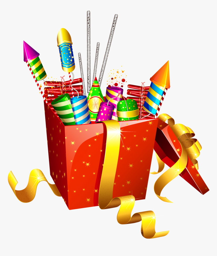 Red Present With Fireworks - Diwali Crackers Images Png, Transparent Png