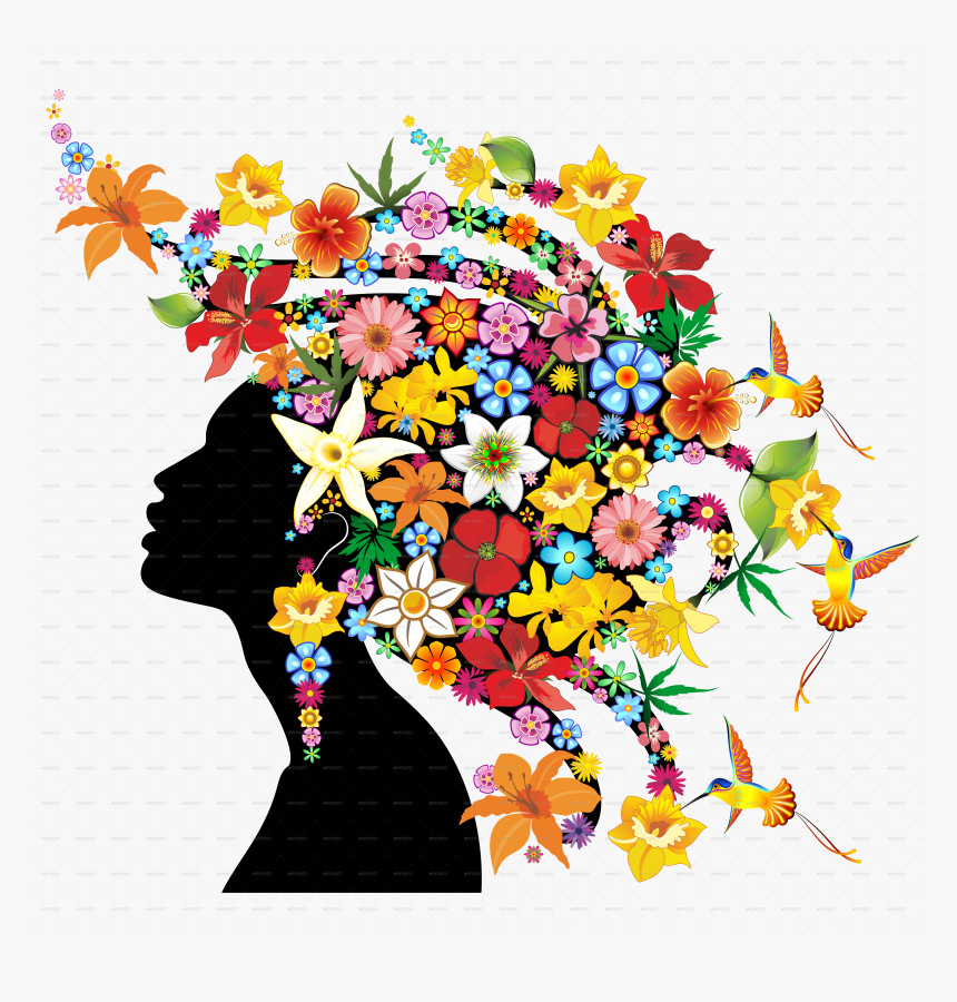 Girl Exotic Portrait With Flowers On Hair - Hair With Flowers Cartoon, HD Png Download