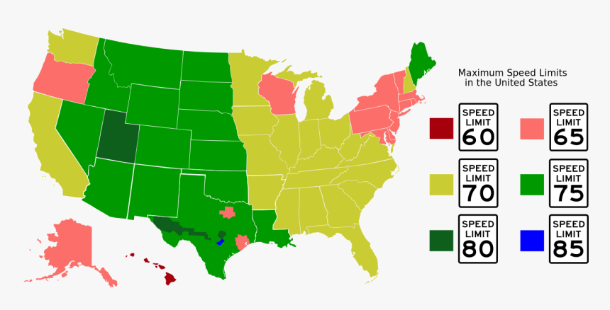 Us State Speed Limits Map - Speed Limits By State, HD Png Download