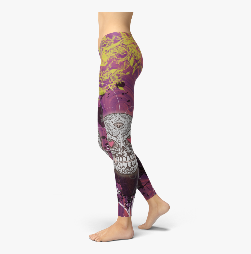Heart Sugar Skull Leggings Gold Skull Pink Purple Yoga - Yoga Pants, HD Png Download
