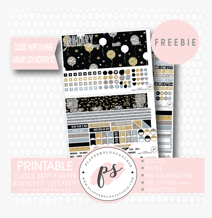 Let S Party Classic Happy Planner January 2019 Monthly - Digital Planner 2019 Freebies, HD Png Download