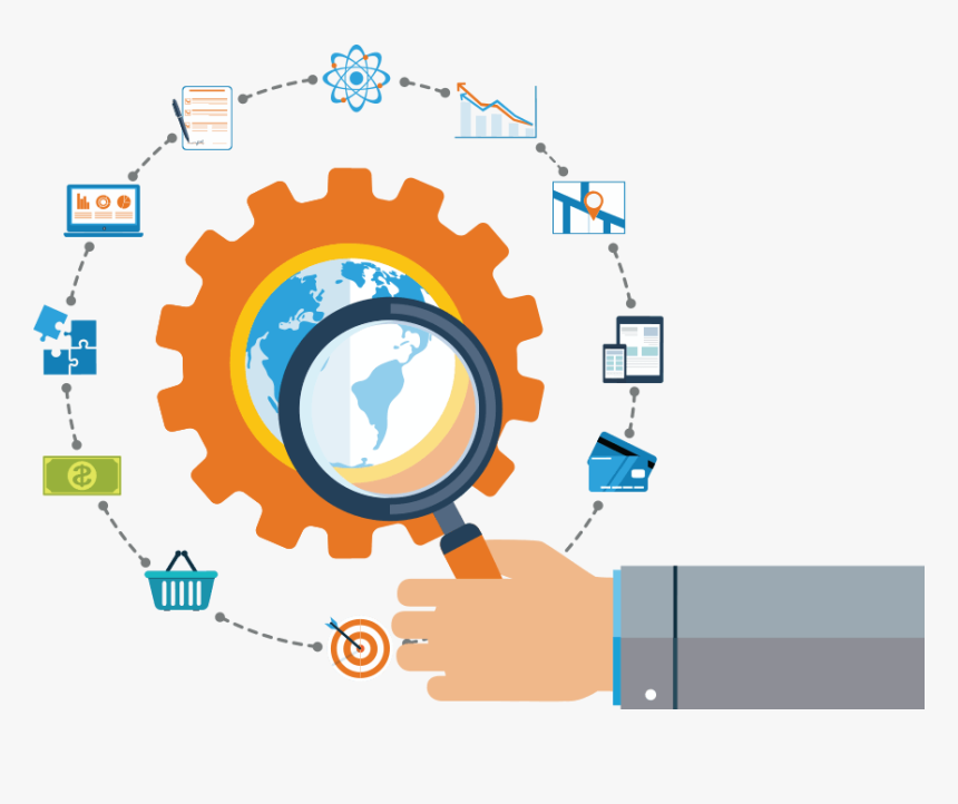 Hand With Magnifier Around Business Icons - Simbolo Ajustes, HD Png Download