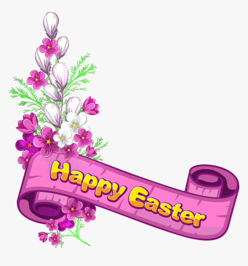 Pink Happy Easter Banner And Flowers - Religious Happy Easter Banner, HD Png Download