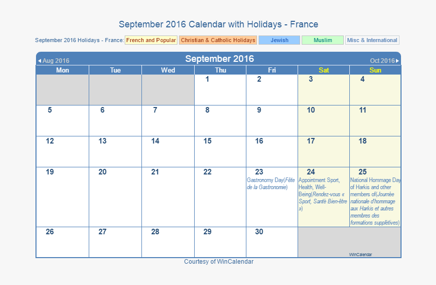 September 2016 Calendar With Fra Holidays, HD Png Download , Transparent  Png Image - PNGitem