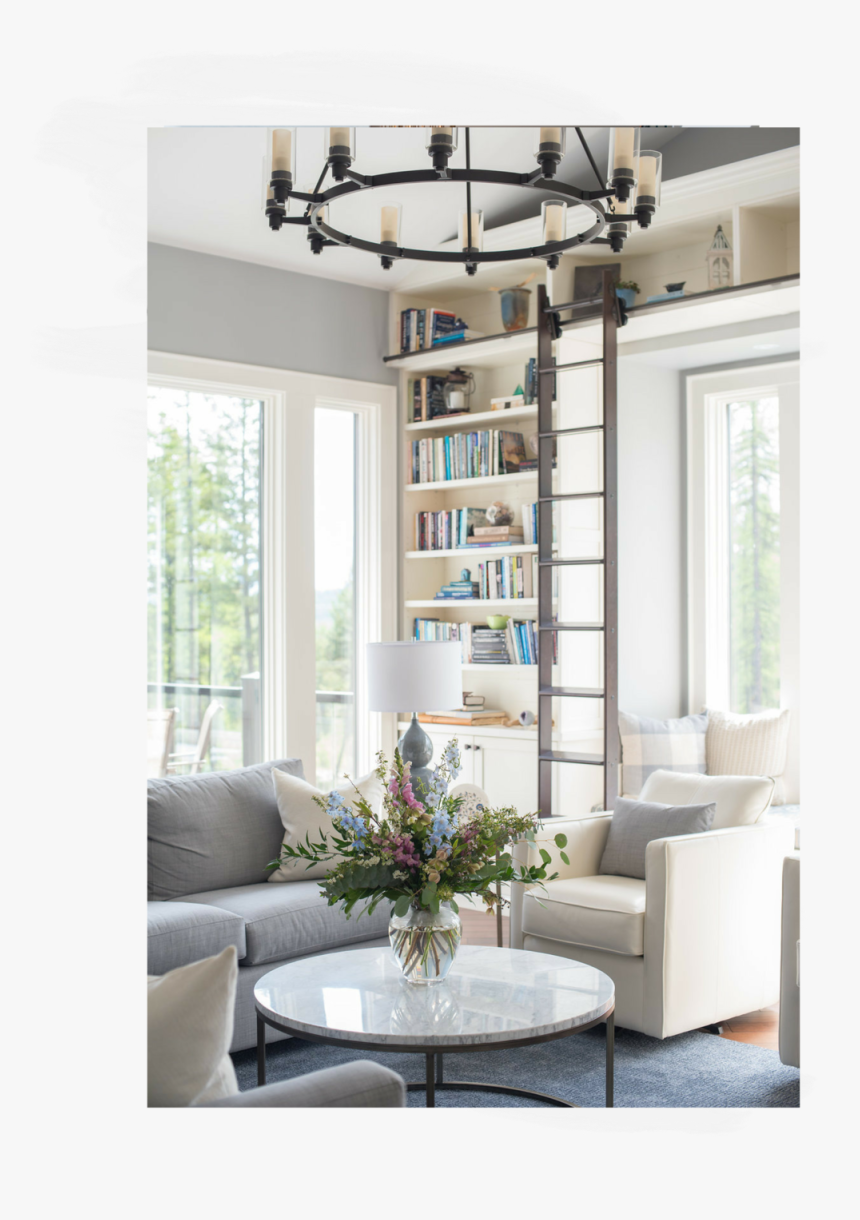 Living Room With Bookcase And Ladder , Interior Designs - Living Room, HD Png Download