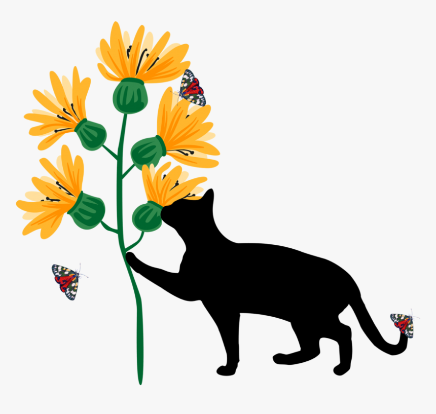 Cat With Sunflowers And Butterflies Nature Png Transparent - Couple Silhouette With Cat, Png Download