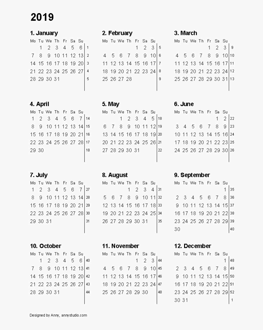 2019 Calendar Png Transparent Picture - 12 Month Printable Calendar 2019, Png Download