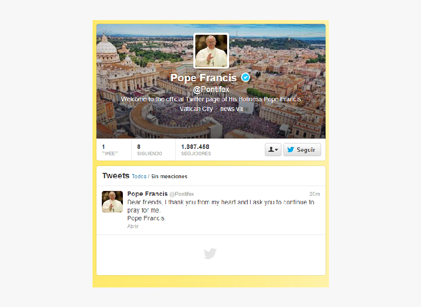 El Primer Tweet Del Papa Francisco - Pontifex Twitter, HD Png Download