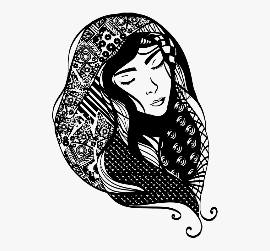 The White Scarf - Women Scarf Illustration Black And White, HD Png Download