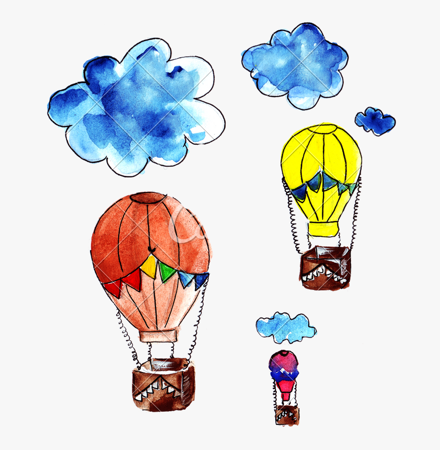 Hand Drawing Of Watercolor Clouds And Flying Balloons - Hot Air Balloon, HD Png Download