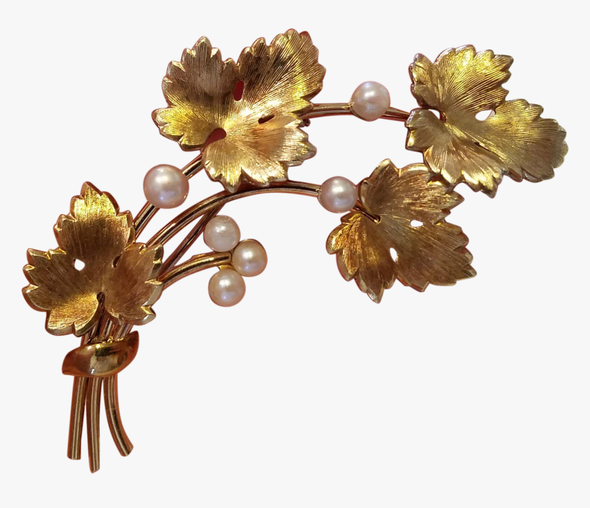 Vintage Krementz Grape Leaf And Cultured Pearl Pin - Artificial Flower, HD Png Download