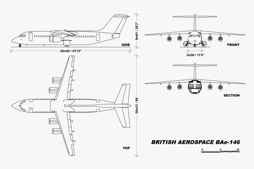 File - Bae146v1 - 0 - Bae 146 300 Dimensions, HD Png Download