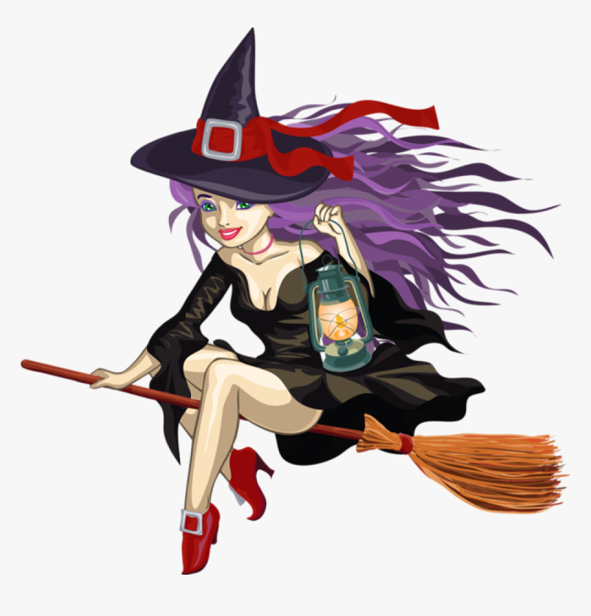 Broom,witch Character,hat,costume Hat,costume Hair - Cute Witch Riding A Broom, HD Png Download