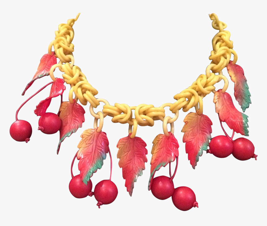 Vintage Red And Yellow Celluloid Cherry And Leaf Necklace, HD Png Download